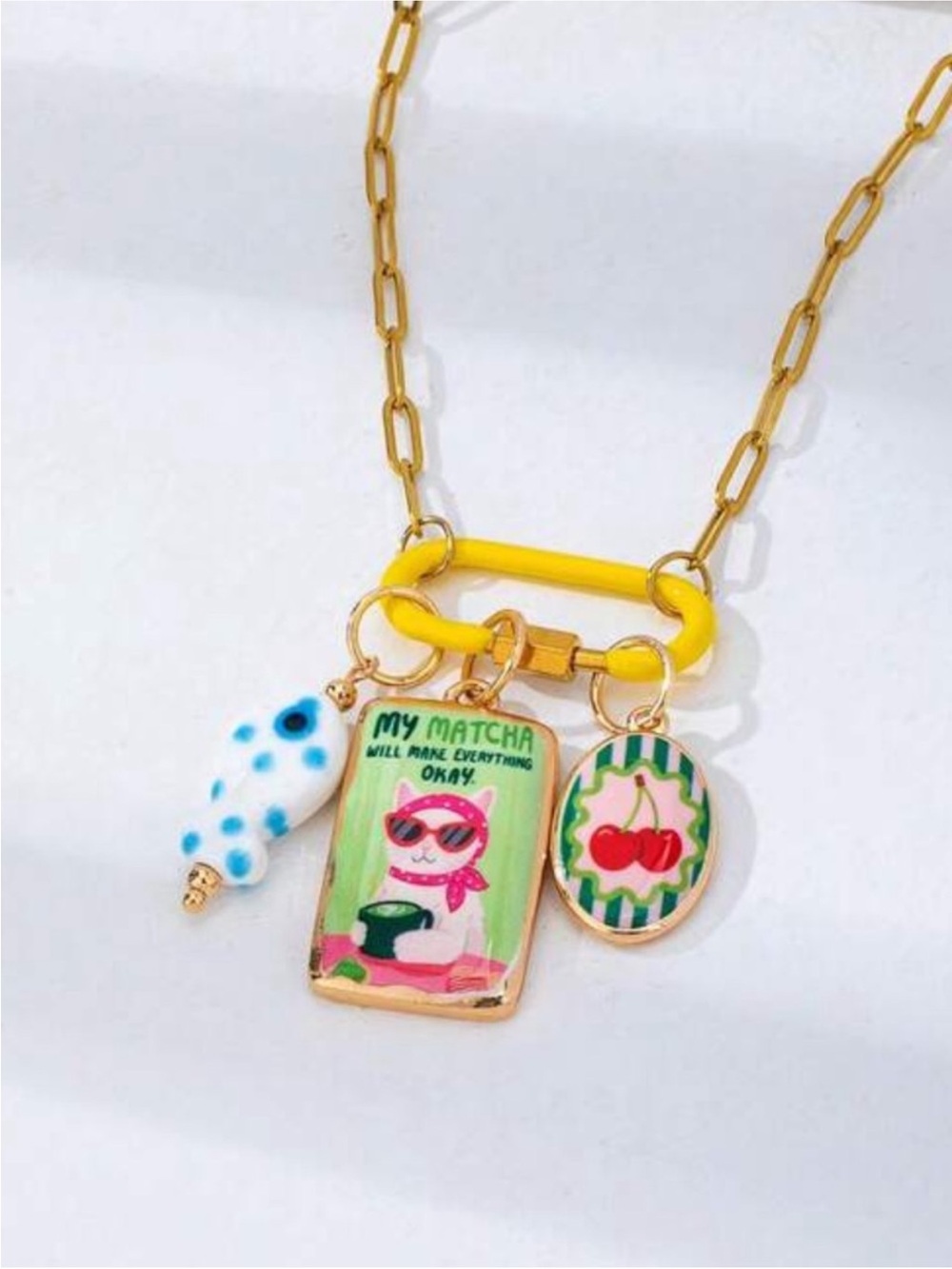 New! Coastal Carabiner My Matcha Cat Charm 18K Gold Plated Necklace NWOT (1036) - Picture 2 of 3